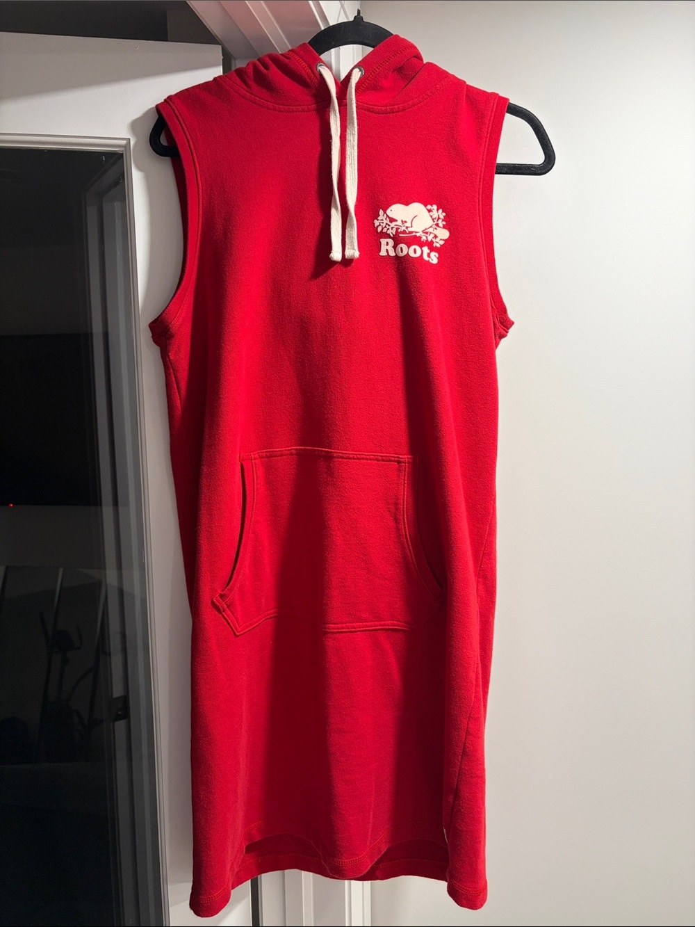Roots Red Sleeveless Hoodie Dress with White Drawstrings and Logo